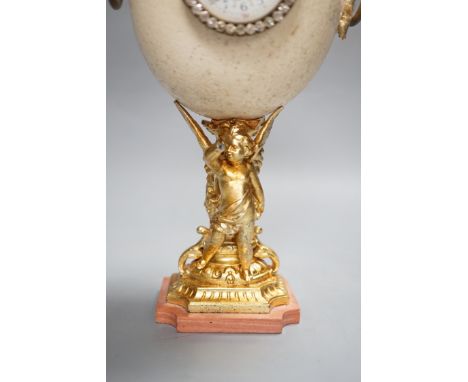 An unusual late 19th/early 20th century ostrich egg timepiece with encased compass and barometer - key included, 29cm high