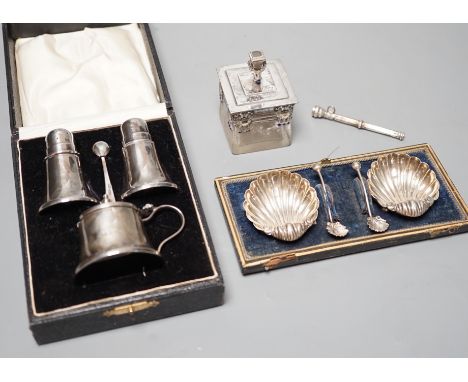 An Austro-Hungarian and enamel mounted glass pot and cover,  a cased pair of silver shell salts, a propelling pencil and a ca