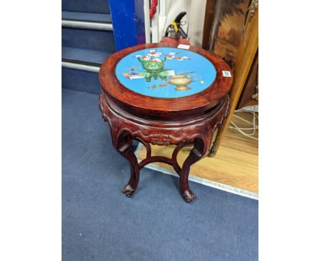 A Chinese hardwood and cloisonne enamel inset jardiniere stand, diameter 40cm, height 52cm