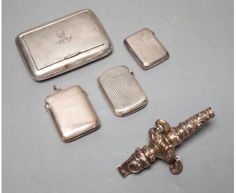 An Edwardian silver snuff box, with engraved crest, Birmingham, 1907, 82mm, three silver vesta cases and an incomplete white 