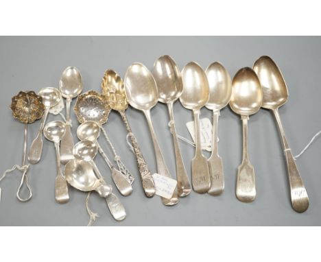 A small collection of 18th century and later silver flatware, including a table spoon by Thomas Eustace, Exeter, 1785, two 18