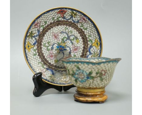 A Chinese plique a jour enamel cup and saucer 13cm diameter