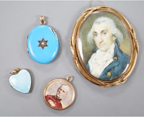 A 19th century yellow metal miniature oval portrait mourning brooch, 54mm, two enamelled lockets(a.f.) and one other small pe