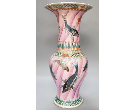 A 19th century Chinese famille rose 'fish' yen-yen vase, apocryphal Kangxi mark to base, a.f., 46cm