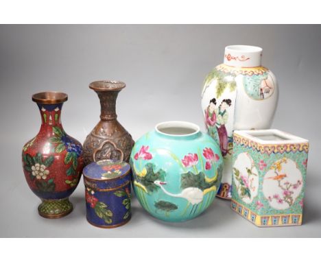 A group of Chinese porcelain vases, a cloisonné enamel vase and pot and a Middle Eastern metal vase, tallest 23 cm