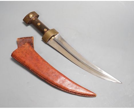 A Middle Eastern horn handle Jambiya dagger and sheath 39cm