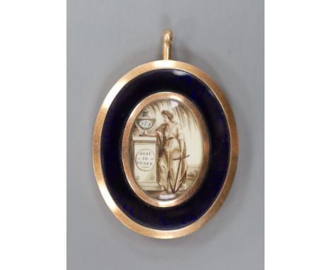 A Regency yellow metal, blue guilloche enamel and plaited hair mourning pendant, with inset ivory panel of a lady by an urn i