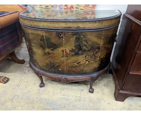 An early 20th century leather covered mahogany D shaped hinged top coffer painted with hunting scenes, length 114cm, depth 53