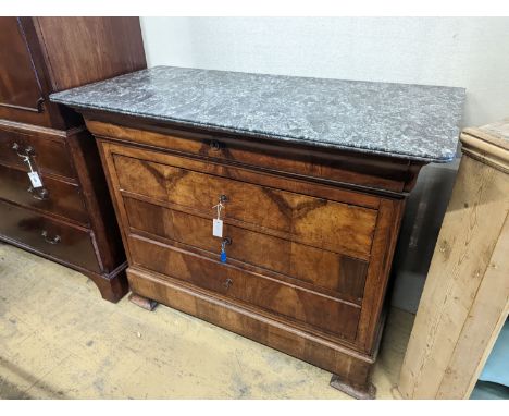 A 19th century French walnut marble topped commode, width 131cm, depth 61cm, height 103cm