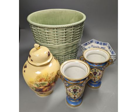 A collection of mixed porcelain including A pair of Bloor Derby scent bottles and stoppers, a Samson style bowl, 31cm, a Wedg