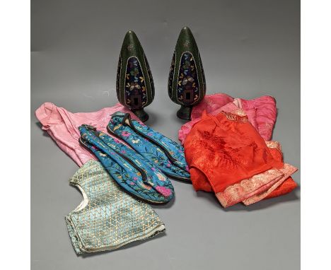 A pair of Japanese cloisonné enamel vases, Japanese slippers and other clothing