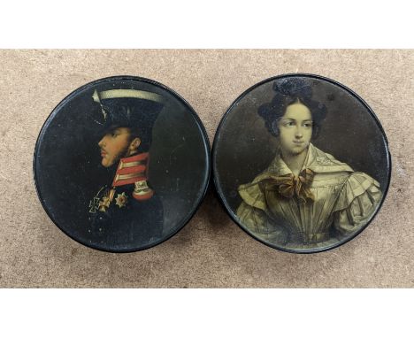 A 19th century Stobwasser papier mache ‘Henriette Sonntag’ portrait snuff box, c.1830, 9.7cm diameter and a 19th-century papi