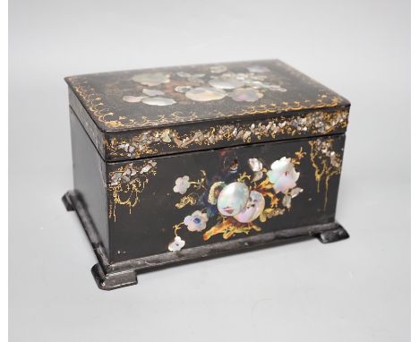 A Victorian inlaid papier mache tea caddy, 21cm wide