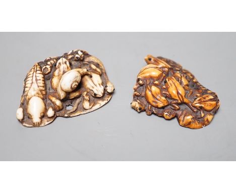 Two Japanese ivory netsuke, 19th century one signed, One carved in the form of frogs on a leaf, the second as a frog a snake 