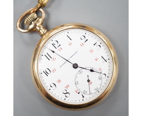 An engine turned gold plated keyless open faced pocket watch, by Rodger &amp; Wright,  case diameter 50mm.