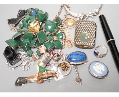 An early 20th century Cymric sterling and enamel  brooch, 29mm, a silver nurses buckle and a group of assorted mainly costume