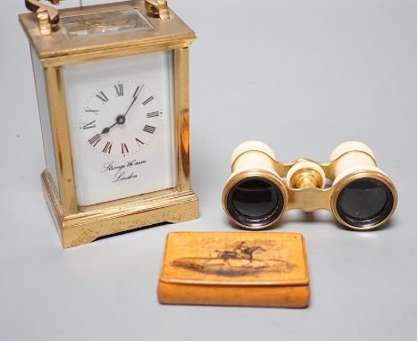 A Mauchline ware snuff box, cased Ivory opera glasses and a brass cased carriage timepiece