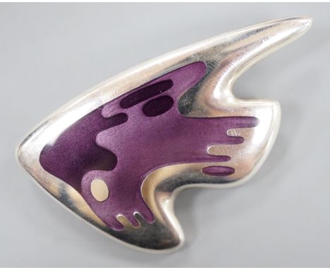 A Henning Koppel for Georg Jensen sterling and enamel stylised fish brooch, no. 307, 57mm.