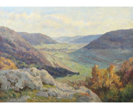 Laiblin, ErwinStuttgart 1878 - ?, Maler in Stuttgart. "Gebirgslandschaft mit Dorf", Blick von einer Anhöhe aus in eine Talsen
