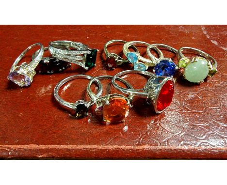 Collection of Ten Coloured Stoned/Glass 925 Silver Rings - 33g total