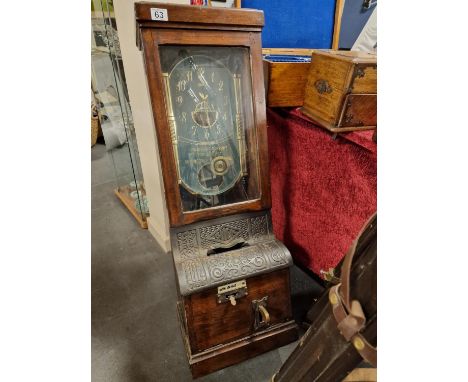 Early Blick Clocking-in/Time Recording Clock machine - Wooden + steel clock-case, with later quartz clock inserted, dimension