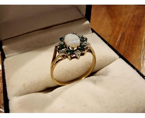 9ct Gold, Emerald and Opal Dress Ring, size M