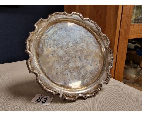 1930 Hallmarked Sheffield Silver Presentation Salver Plate, by Cooper Brothers &amp; Sons, 296g, approx 8" in diameter