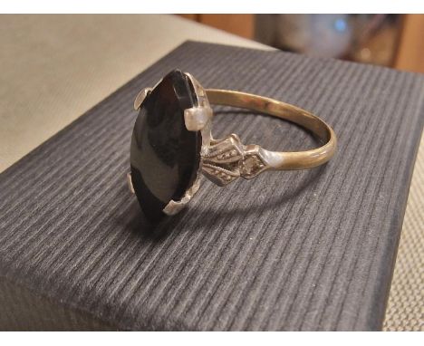 Vintage 9ct Gold, Whitby Jet &amp; Diamond Dress Ring, size Q