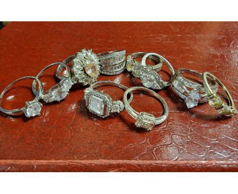 Collection of Ten White Stoned/Glass 925 Silver Rings - 43g total