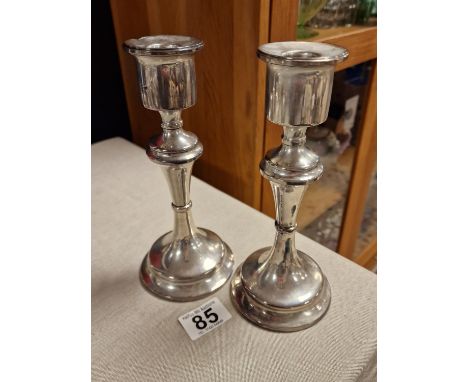 Pair of 1909 Hallmarked Chester Silver Candlesticks, 730g total, approx. 8" in height