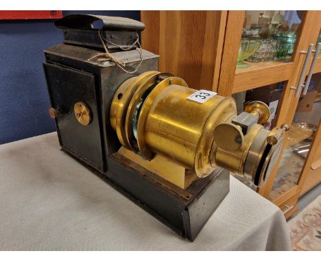 Vintage London-Made late 19th Century Magic Lantern Projector, in brass + metal, dimensions L17" x W6"  x H11" - Photography/