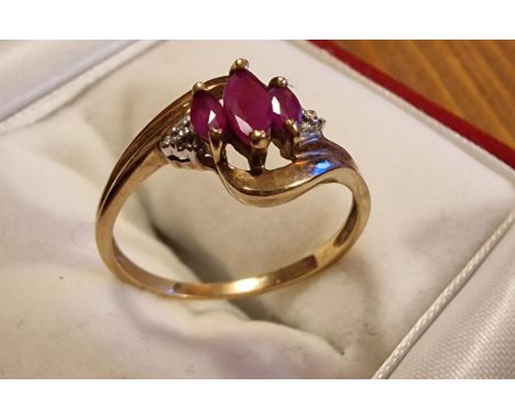 Three Stone Ruby, Diamond &amp; 9ct Gold Serpentine Dress Ring, size S