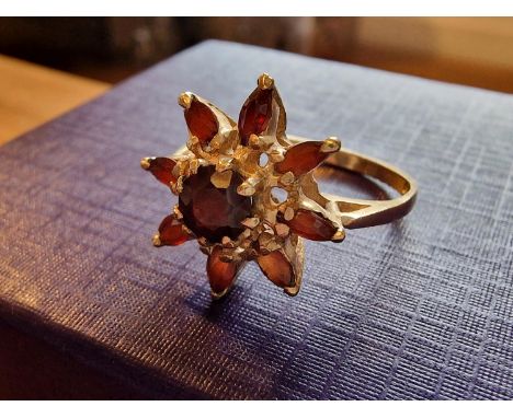 Vintage 9ct Gold Ruby and Garnet Dress Flower Ring 