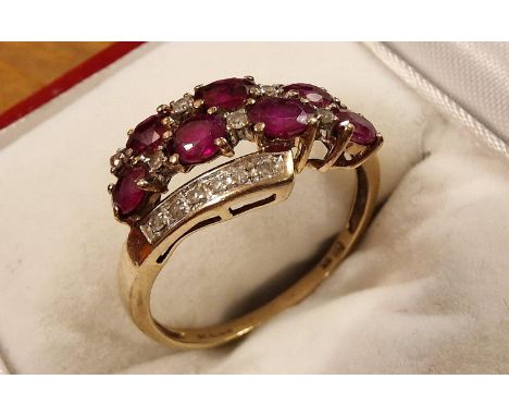 9ct Gold Multi-Stone Ruby and Diamond Crossover Dress Ring, size U