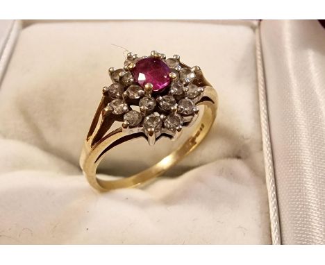 9ct Gold Classic Style Ruby and Diamond Cluster Ring, size O