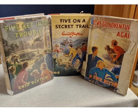 Trio of First Edition Enid Blyton Books, Five Get into Trouble, Five on a Secret Trail, and Five Go Adventuring Again