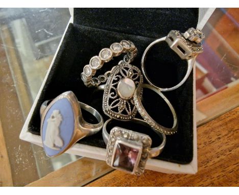 Box of Six Various 925 Silver Rings inc Cameo, Whitby Jet and a Simulated Pearl Ring