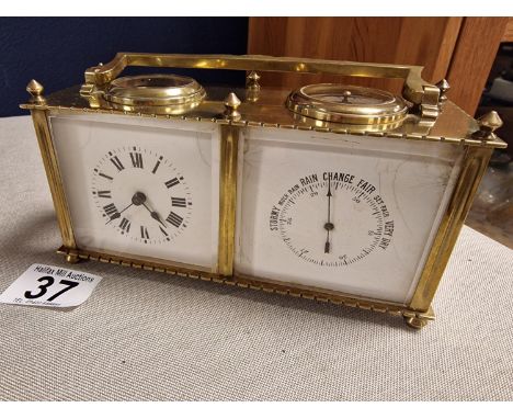 Antique French Officer's 8-Day Brass Combination Barometer/Navigation Clock - likely Napoleon III era, dimensions L7" x W2.5"
