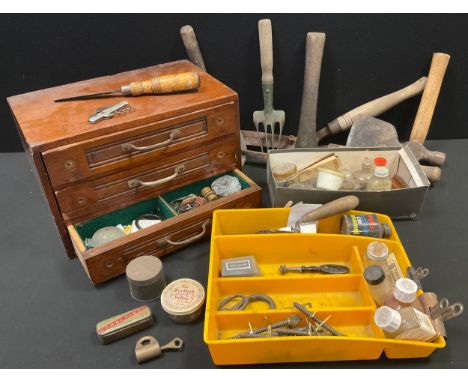 Tools - a tool cabinet;  axes'  shears;  screws;  etc 