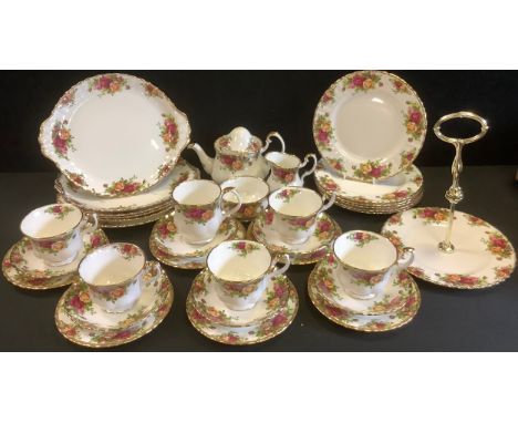 A Royal Albert Old Country Roses tea service, for six, including cake plate, printed marks 