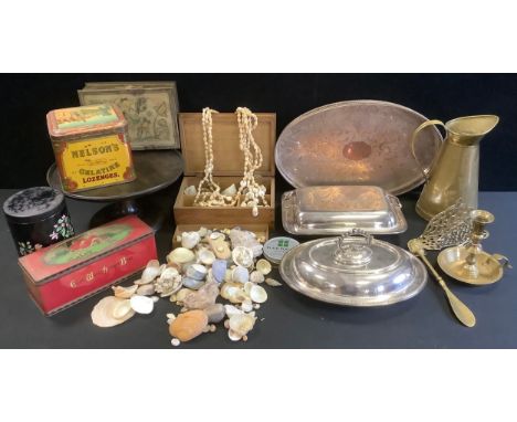 An E.P.N.S. oval entrée dish;  another;  a gallery tray;  brass candlestick;  Nelson's Gelatine Lozenges tin;  other early 20