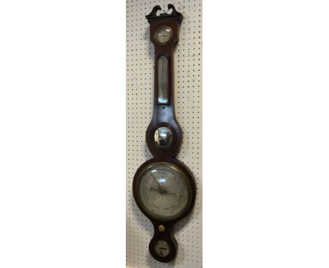 L Bernasconi, Sheffield  - an early 19th century cross-banded mahogany wheel barometer with hydrometer, thermometer, mirror a