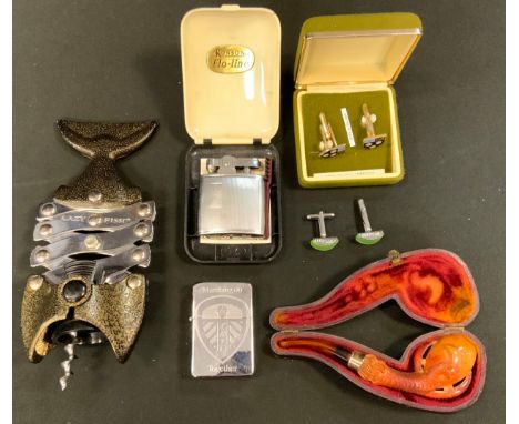 A meerschaum talon claw bowl pipe, cased;  pair of cufflinks, marked Bulgari;  others shields;  Lazy Fish corkscrew etc 