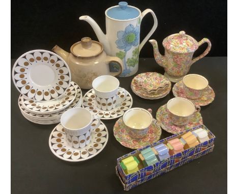 A James Kent Chintz, Apple Blossom pattern part coffee set, John Russell Hostess Tableware Black Velvet pattern coffee cups, 