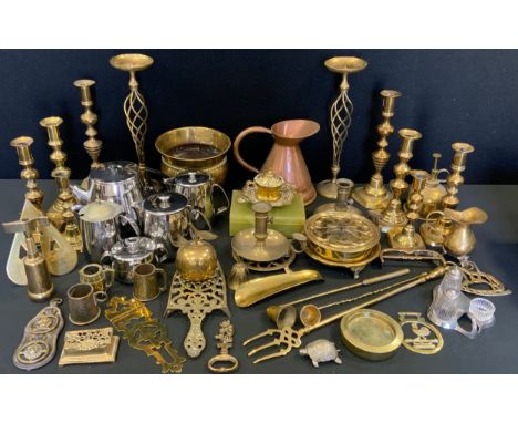 Brass and Copper - ejector candlesticks, chamberstick, inkwell;  trivets, etc 