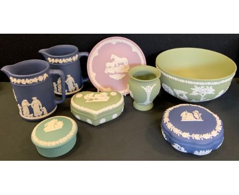 Wedgwood  - a pair of deep blue jasperware jugs, trinket box and cover, lilac Mothers day 1981 plate,  green fruit bowl, vase