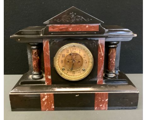 A 19th century Architectural Belge Noir and red marble mantel clock, Ansonia Clock Company movement, gilt dial, 34cm high, 43