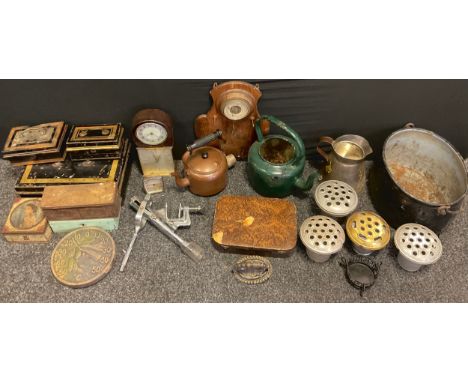 A Victorian cash tin; others;  kettle;  shield back barometer;  counter top corkscrew etc 