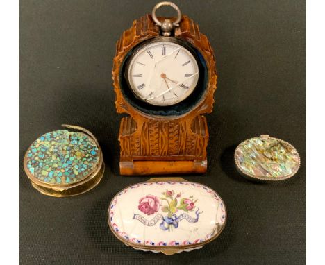 A 19th century enamel oval snuff box, floral motif with Comme La Rose Est La Vie script;  continental fine silver cased open 