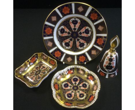 A Royal Crown Derby 1128 side plate, printed mark;  two 1128 trinket dishes;  a bell (4) 